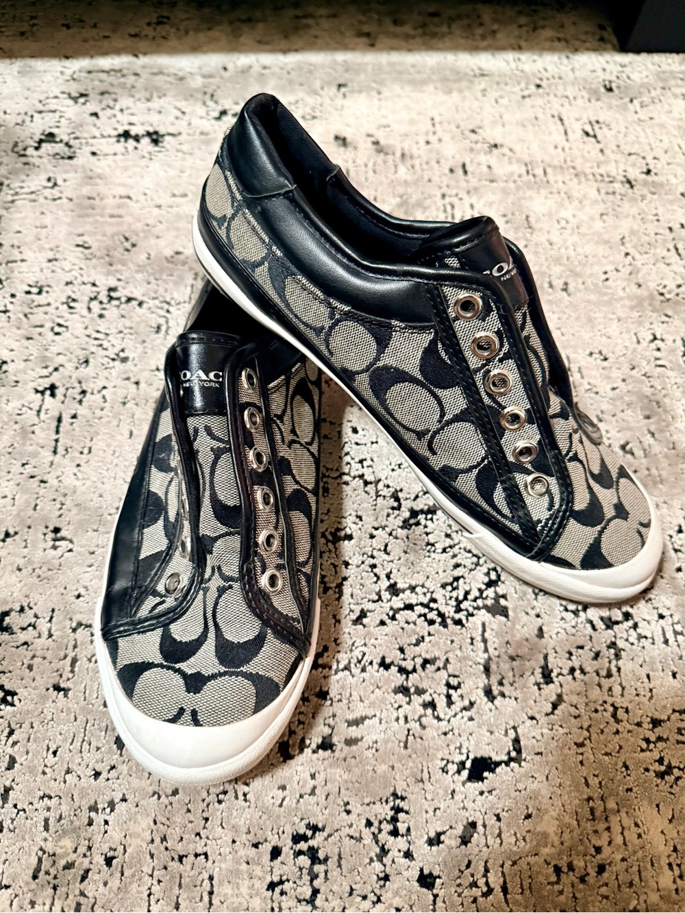 Coach Black & Taupe Signature Canvas Slip-On Sneakers 71/2